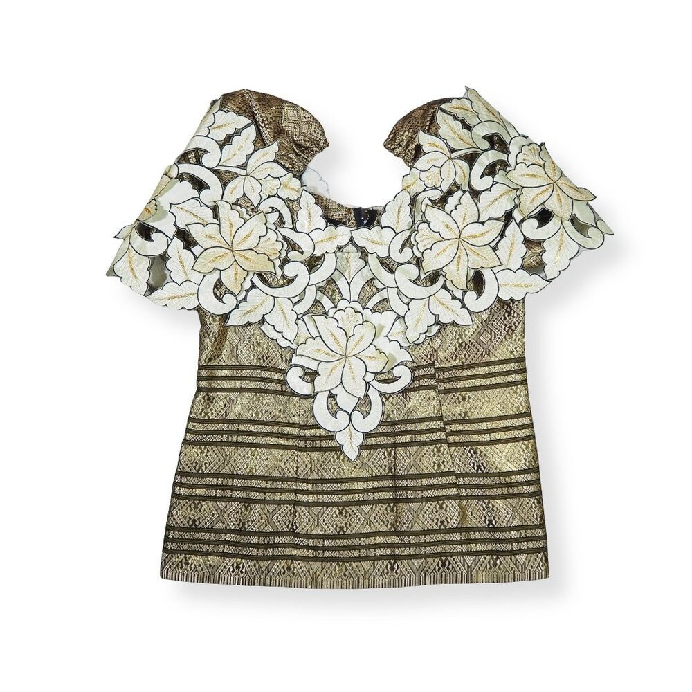 Shore Line VTG Women’s 14 Gold Metallic Brocade Floral Applique Top Blouse
